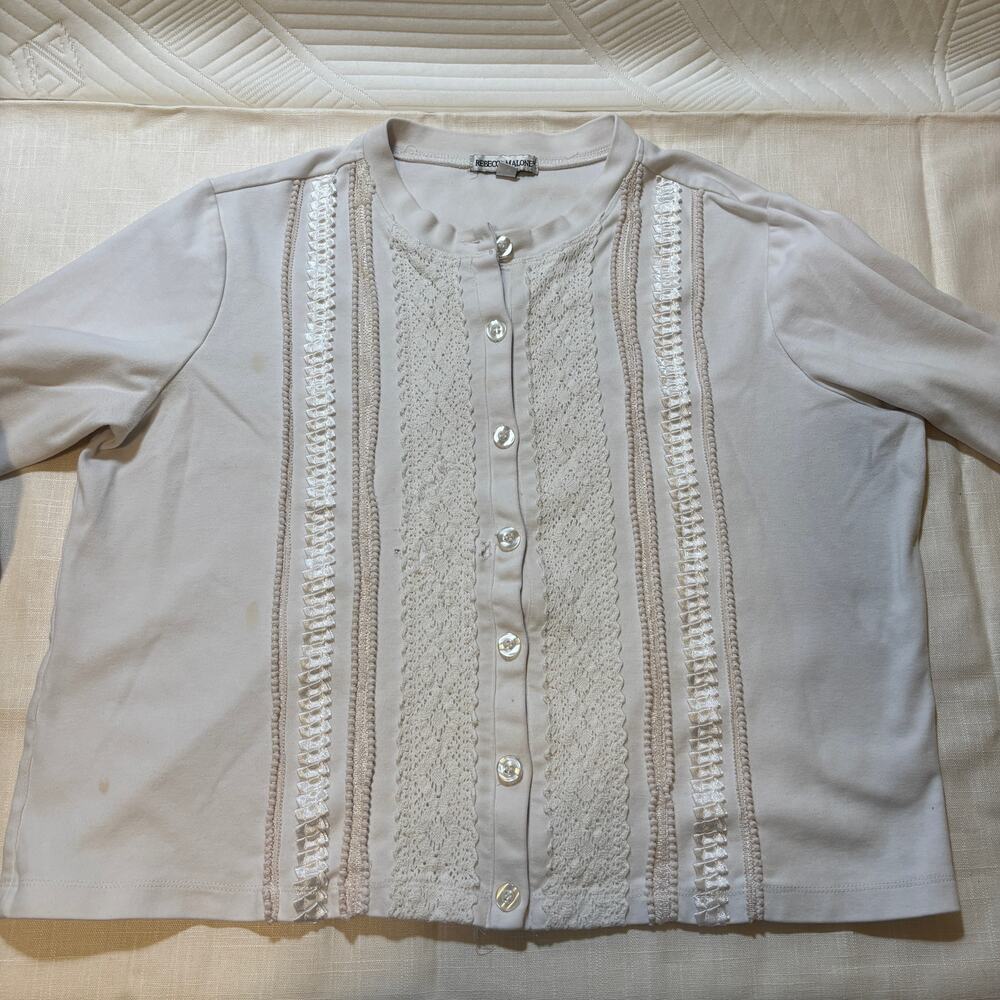 Rebecca Malone Womens XL White Lace Ribbon Trim Button Front Top Cottagecore